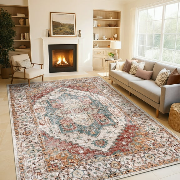 6'x9' Washable Area Rugs for Living Room,Traditional Vintage Thin Rugs,Non-Slip Persian Carpet,Orange-Brown