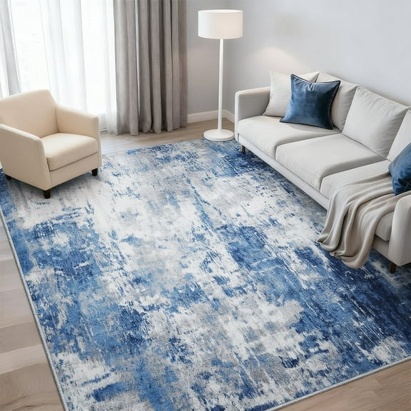 6'x9' washable area rug for living room, modern abstract printed rug, home decorative rug for bedroom and dining room, non-slip indoor rug, blue