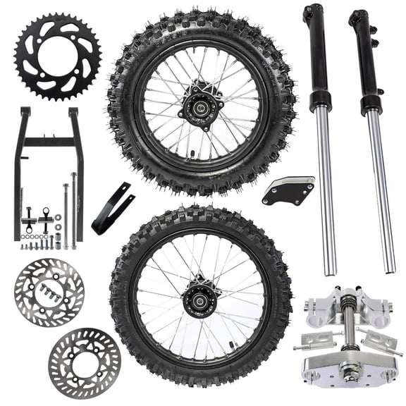 60/100-14 Dirt Pit Bike Front Tire Wheel + 80/100-12 Rear Wheel + Swing Arm + Front Fork Triple Tree + Brake Caliper & Rotor + Sprocket Kit for Scooter Tail Monkey Pocket Bike Motorcycle CRF XR