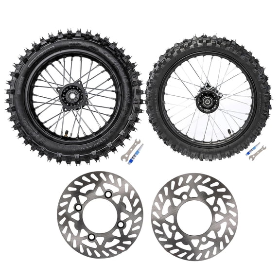 60/100-14 Front and 80/100-12 Rear Wheel Tires Rim with 15mm Bearing Brake Disc Rotors, 3.00-12 2.50-14 Tire for Pit Dirt Bike SSR125 TTR110 PW80 CRF70 KLX110 Apollo TaoTao Motorcycle Motocross