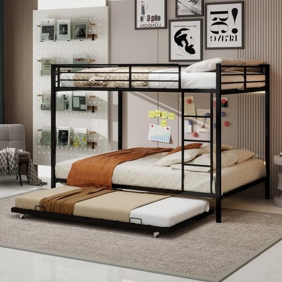 60.279.9 Inch Queen Size Square Tube Metal Bunk Bed with Trundle, Heavy Duty Bed Frame with Safety Rails & Built-in Ladder, Modern Space Saving Easy Assembly Bunk Bed for Bedroom Guest Room Dorm