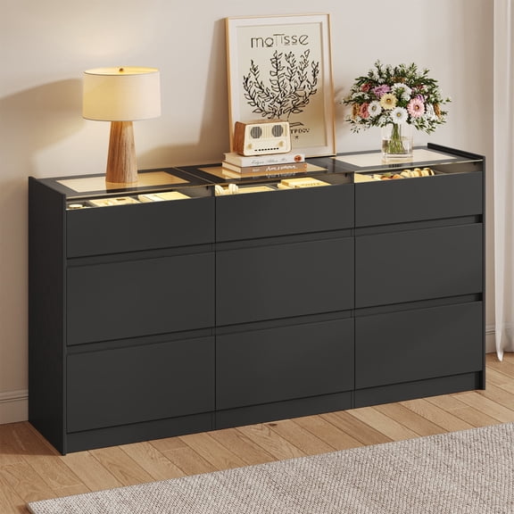 60.2" Black 9-Drawer Dresser with LED Lights & Tempered Glass Top