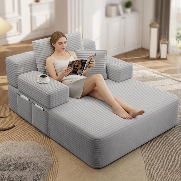 60.2 Inch Chaise Lounge Chair Indoor,Luxurious Plush Corduroy Convertible Sofa Bed with Storage Pocket,Frameless Design & Compression Foam for Small Spaces, Living Room, Apartment (Light Gray)