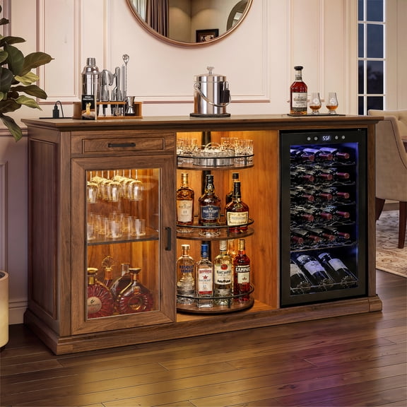 60.2-Inch Home Bar Cabinet with Wine Fridge Space, Amber LED, Walnut