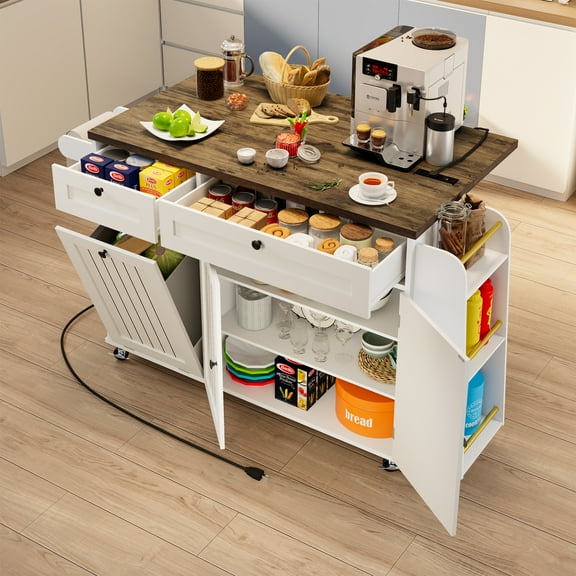 60.2" Mobile Kitchen Island with Power Outlet & Drop Leaf - Includes Trash Can Storage, 3 Spice Racks, Towel Bar & Wheels. Versatile in White.