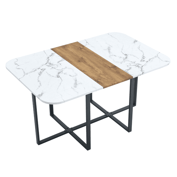 60.2" White and Natural Wood Two Tone MDF Dining Table with Metal Frame for Dining Room Kitchen Modern Style