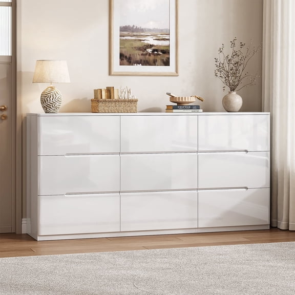 60.2" Wide 9-Drawer Dresser, High Gloss Modern Storage Cabinet for Bedroom, Living Room, White