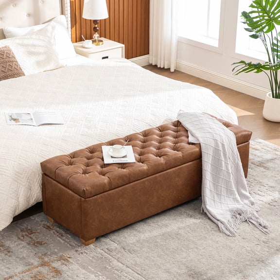 60.2'' Wide PU Upholstered Storage End of Bed Bench, Tufted Flip-Top Accent Window Bench Footrest Stool Ottoman with Legs for Living Room, Bedroom, Entryway, Dining Room, Dorm, Corner, Bro