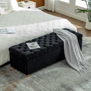 60.2'' Wide Storage Ottoman Bench, Tufted PU Upholstered End of Bed Storage Bench with Flip-Top Lid & Legs for Bedroom, Living Room & Entryway Black + Chenille
