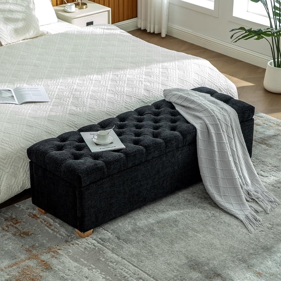 60.2'' Wide Storage Ottoman Bench, Tufted PU Upholstered End of Bed Storage Bench with Flip-Top Lid & Legs for Bedroom, Living Room & Entryway (Black + Chenille)