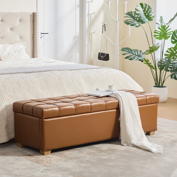 60.2'' Wide Upholstered PU Storage End of Bed Bench, Tufted Flip-Top Accent Window Bench Footrest Stool Ottoman with Legs for Living Room, Bedroom, Entryway, Dining Room, Dorm, Corner