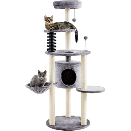 60.2 inch Large Cat Tower with Soft Hammock, 5-Level Tall Cat Condo, Sisal Scratch Posts, Pompoms