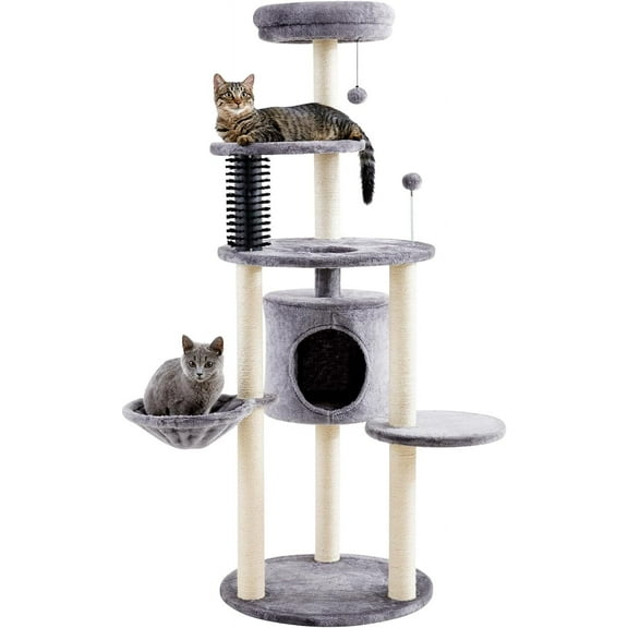 60.2 inch Large Cat Tower with Soft Hammock, 5-Level Tall Cat Condo, Sisal Scratch Posts, Pompoms