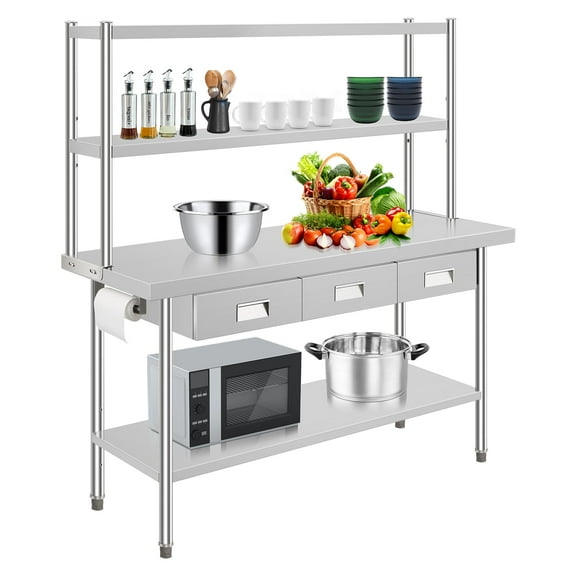 60" × 24" /72" × 24"Stainless Steel Table with Overshelves, Work Table with Shelf & 3 Drawers, Metal Table Prep Table for Home Kitchen Restaurant Garage Warehouse