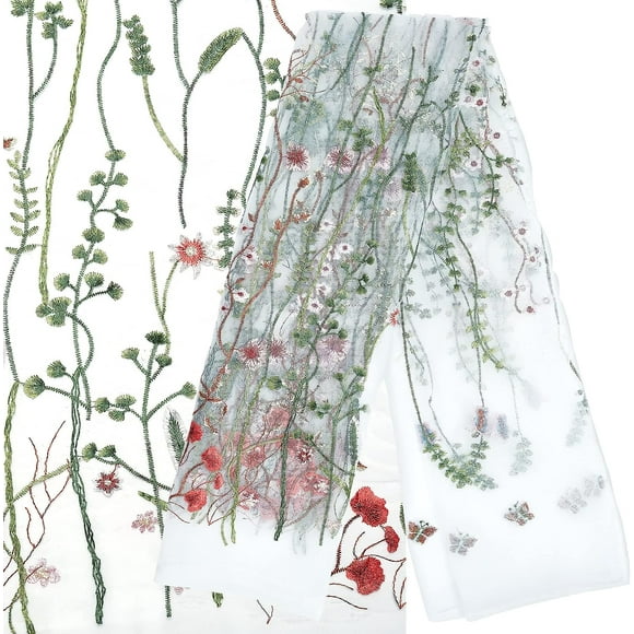 60.24 Inch Width Floral Embroidered Lace Fabric Colorful Flowers Embroidery Lace Trim Fabrics White Mesh Applique