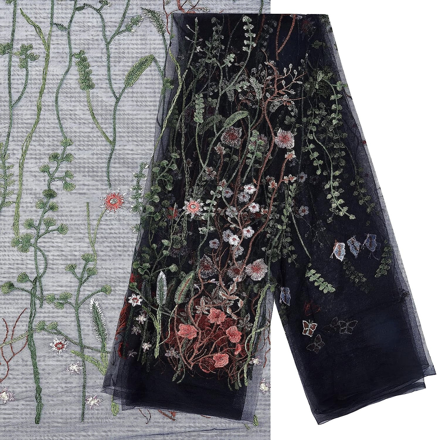 60.24 Inch Width Floral Embroidered Lace Fabric Colorful Flowers Embroidery Lace Trim Fabrics Black Mesh Applique for Party Dress Skirt Clothing DIY Sewing Embellishments Crafts