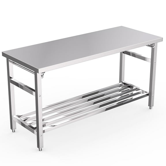 60"24" Stainless Steel Commercial Work Table - Heavy-Duty 304 Steel Prep Station with Folding Base & Adjustable Undershelf, for Restaurant Kitchens/Butcher Shops/Food Labs/Outdoor
