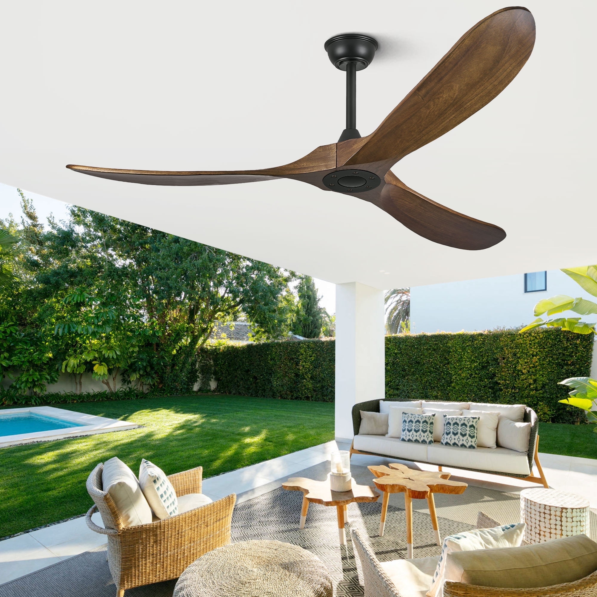 60 Inch Solid Wood Walnut Coastal Farmhouse Indoor Outdoor Patio 3-Blade Ceiling Fans