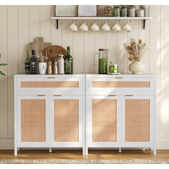 60.3" Sideboard Buffet Cabinet, Rattan Cabinet Cupboard Console with 4 Doors & 2 Drawers, Boho Coffee Bar Table with Adjustable Shelves for Dining Room, Living Room, White