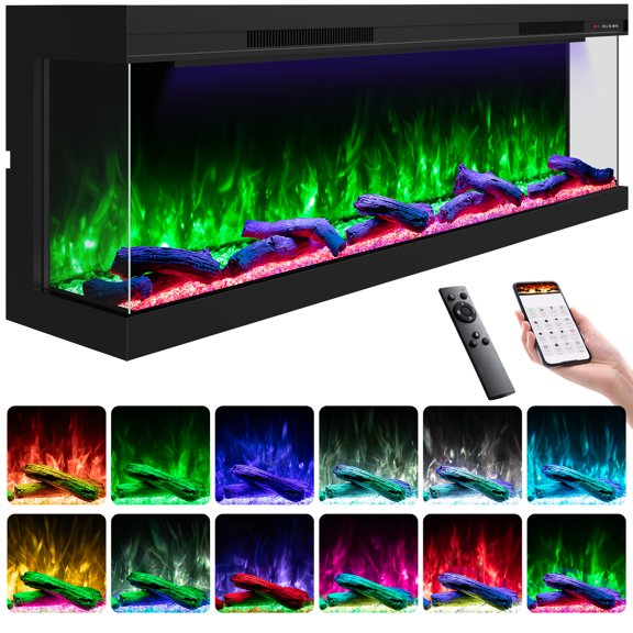 60" 3 Sided Electric Fireplace Inserts, Smart 3D Built-in Linear Fire Places Heater 1500W, Multi-Colors Combinations, APP & Remote Control, Cracking Sound, 9H Timer, Crystal & Log