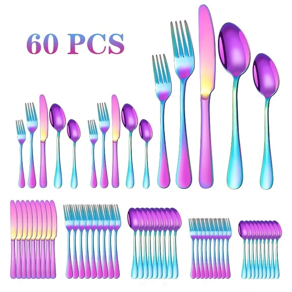 60/30-Piece Rainbow Stainless Steel Cutlery Set - Portable for Camping/Picnics/Parties