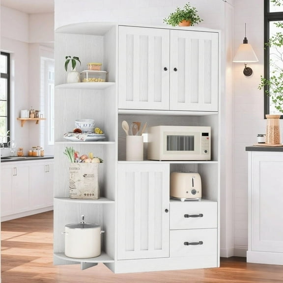 60.4"Kitchen Cabinet on Clearance, Lofka Pantry Cabinet with Doors, Microwave Stand with 4-Tier Open Shelf, and 2 Smooth-Gliding Drawers , White