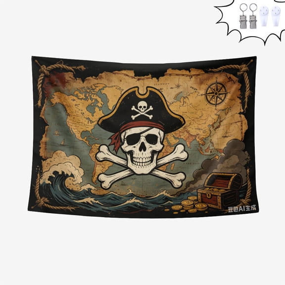 60*40in Vintage Pirate Skull Tapestry, Jolly Roger Treasure World Map Wall Hanging, Retro Pirate Crossbones Compass Wave Treasure Chest Wall Decor for Home Party