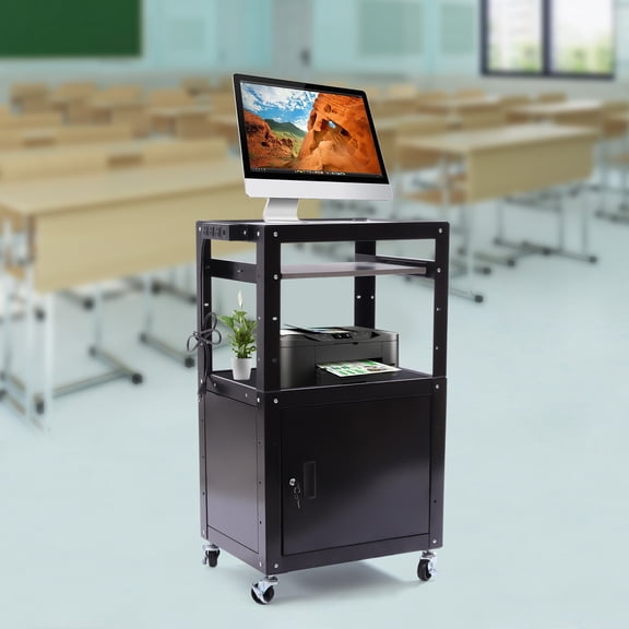 60*45*105cm Black Steel Large AV Cart Adjustable Portable Height Cart with Locking Cabinet Pullout Tray