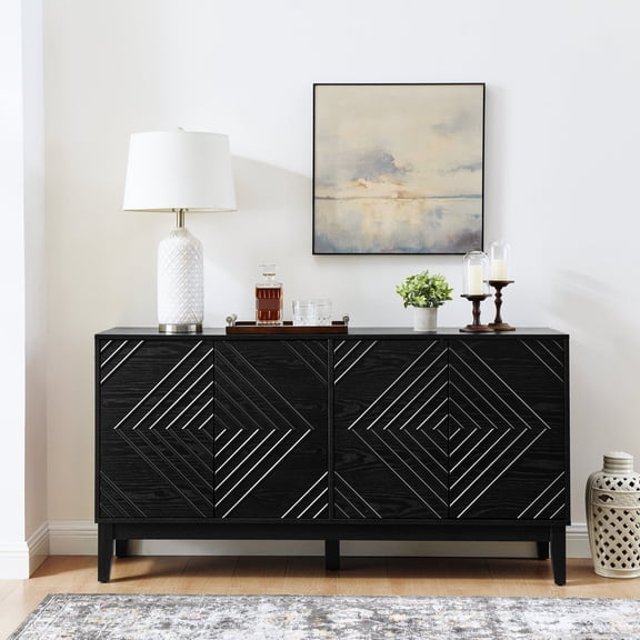 60.5 Buffet Cabinet with Storage, Farmhouse Fluted Sideboard with Geometric Pattern & Adjustable Shelves, Mid Century Modern TV Stand for Living Room Kitchen Dining Room Entryway, Black