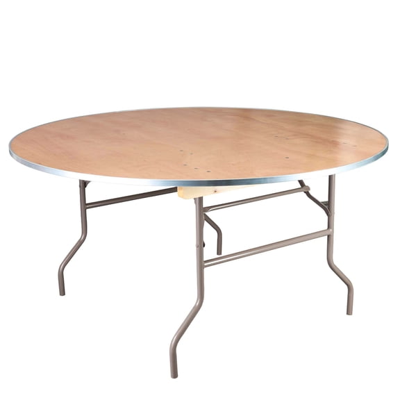 60" (5 Foot) Round Heavy Duty Metal Edge Plywood Folding Banquet Table with Warm Gray Legs by Chivari