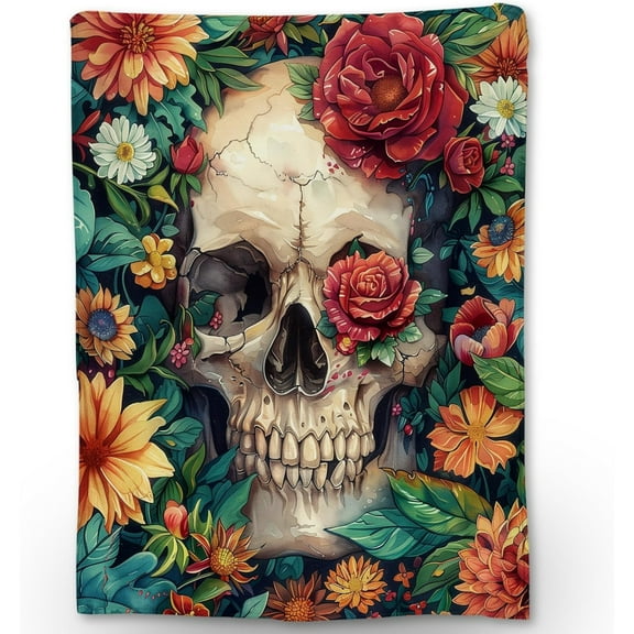 60×50 in Skull & Colorful Floral Halloween Blanket | Soft Warm Fuzzy Lightweight Flannel Throw Blanket for Couch, Bed, Decor, Travel & Outdoor Use, Cozy Blankets for Adults Women Men