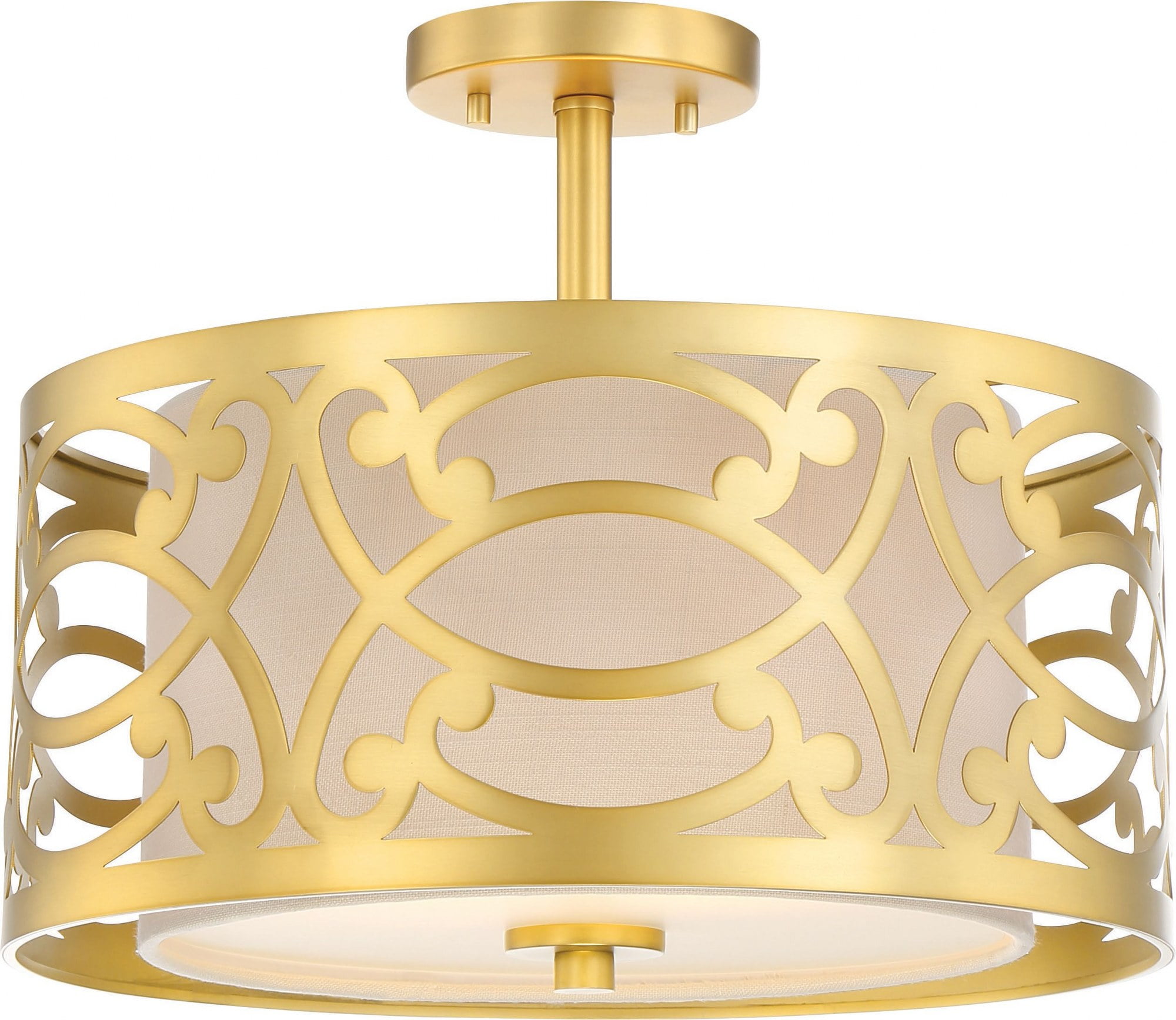 Natural Brass and Beige Linen Drum Semi Flush Mount