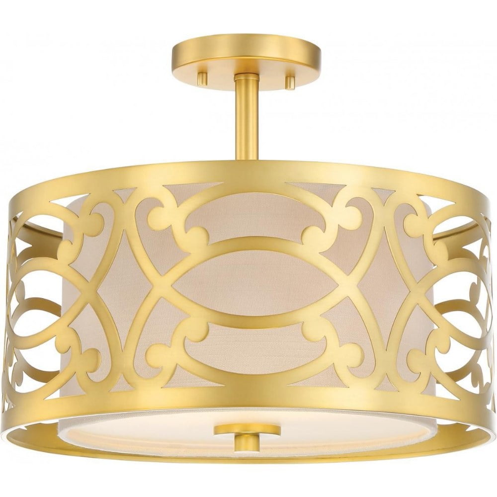 Natural Brass and Beige Linen Drum Semi Flush Mount