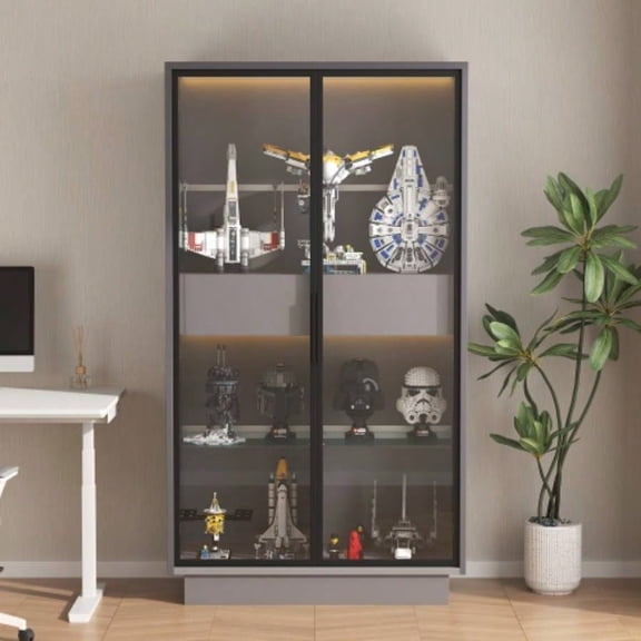 Dokea 60.6'' Freestanding Glass Door Display Cabinet - Pantry with Drawers & Lighting - Storage Cabinet