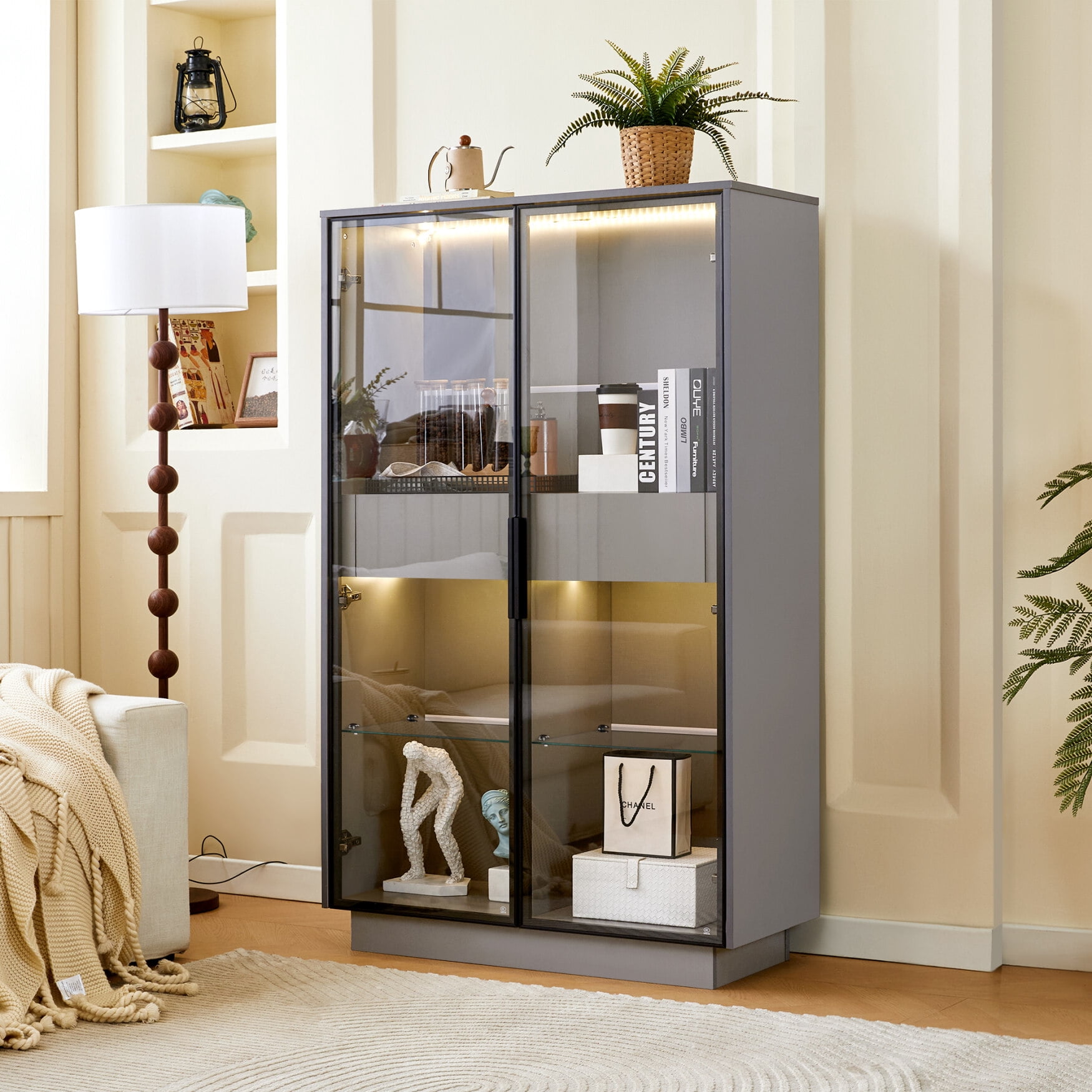 Royal Windsor 71" Tall Arched Display Cabinet Set Of 2, Black With Glass Doors & LED Lights