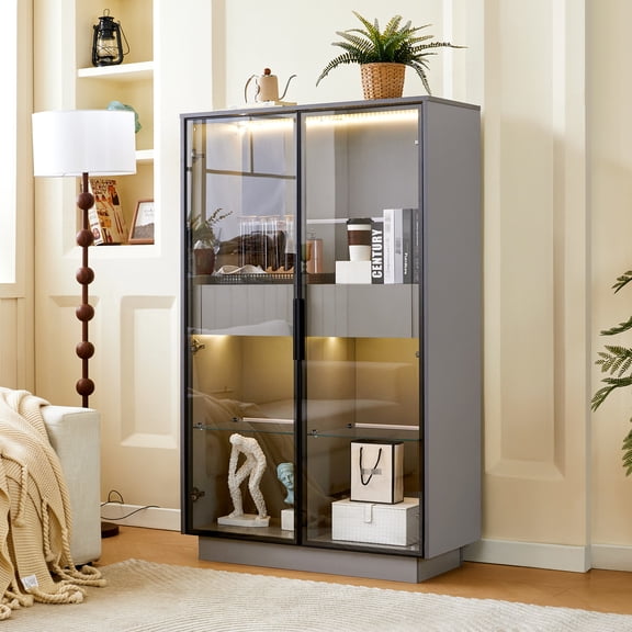 60.6'' Modern Style Display Cabinet, Tempered Glass / Bright LED for Inviting Display