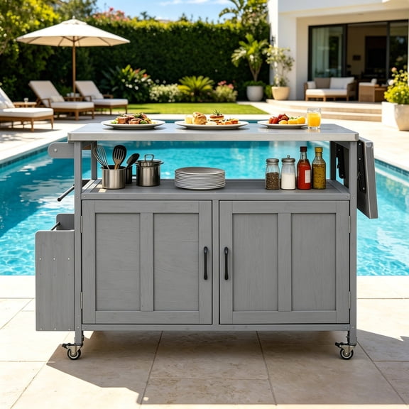 60.6‘’ Outdoor Kitchen Island Foldable Kitchen Cart with Lockable Wheels for Patio