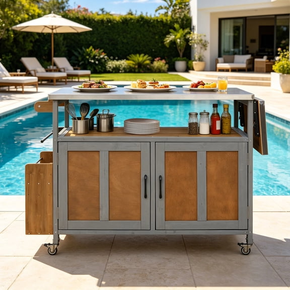 60.6‘’ Outdoor Kitchen Island Foldable Kitchen Cart with Lockable Wheels for Patio