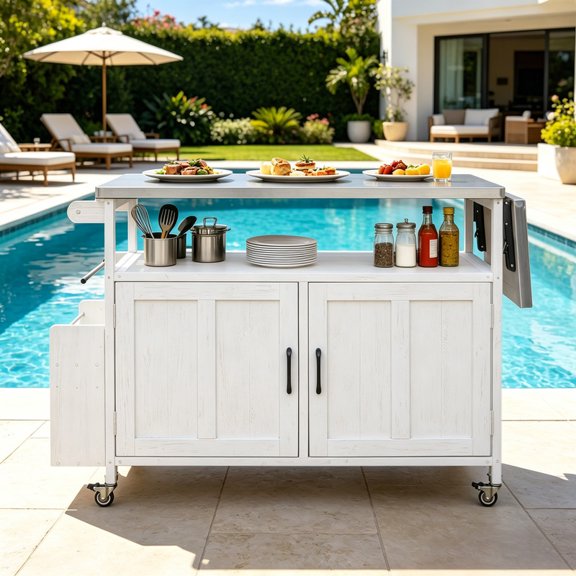 60.6‘’ Outdoor Kitchen Island Foldable Kitchen Cart with Lockable Wheels for Patio