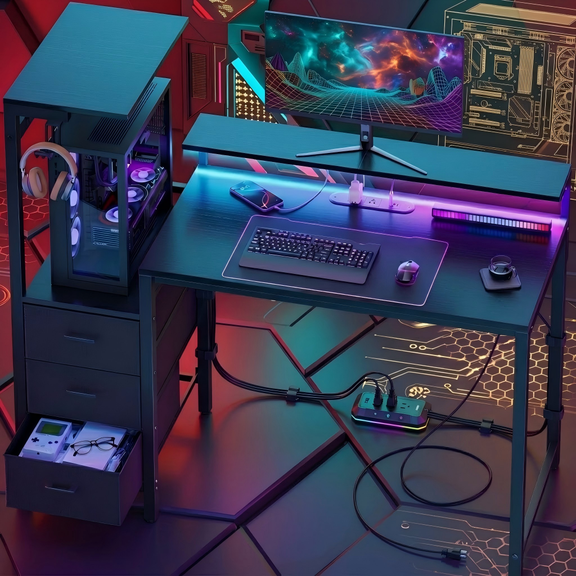 60.6 inch Gaming Desk with LED Lights and Outlets, Computer Desk with 3 Drawers and Storage Shelves, Reversible Gamer Desk with Monitor Stand & Hooks for Home Office, Black