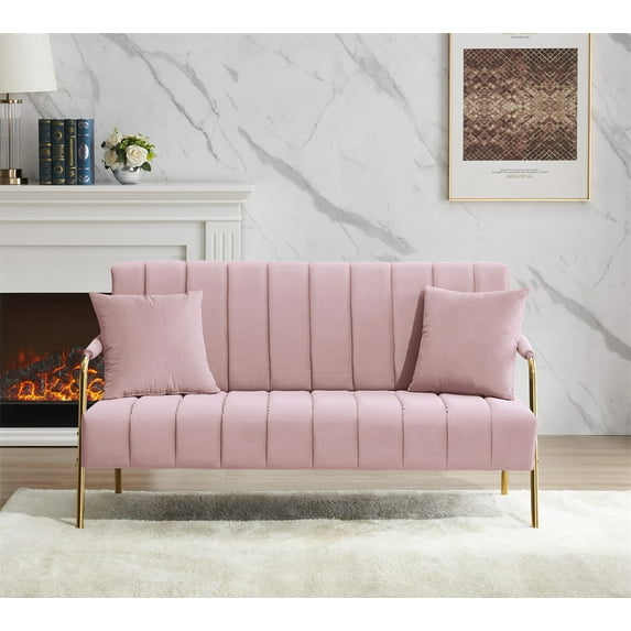 60.63" Accent Sofa, Modern Velvet Upholstered Loveseat Sofa with 2 Pillows and Golden Metal Legs, Comfy 2-Seater Sofa Couch with Tufted Backrest & Padded Armrests for Living Room Bedroom, Pink