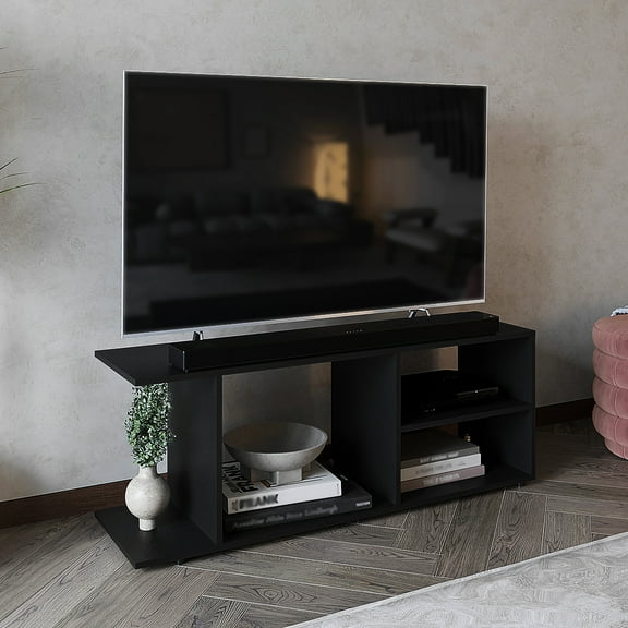 60-69 Inch Tv Stand With 5 Shelves, Black, Modern Rack Black For 65-inch Tvs, Open Shelves Extra Storage