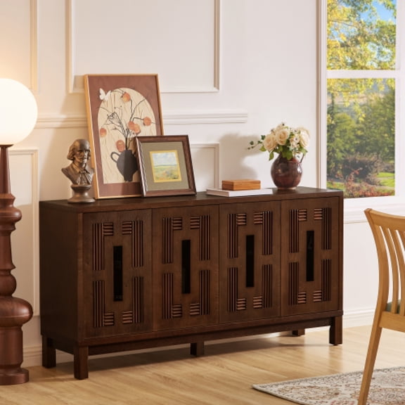 60.7" Mid Century Modern Sideboard Buffet Cabinet with 4-Door Carved Openwork Design, TV Stand Media Console Cabinet, Adjustable Shelves for Living Room Kitchen Entryway