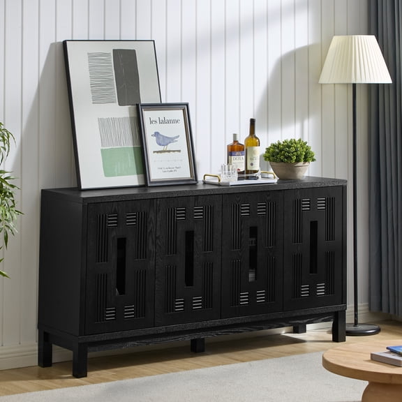 60.7" Sideboard Buffet Cabinet,Mid-Century Modern Credenza with 4 Geometric Cutout Doors,Solid Wood Legs & Anti-Tip Kit,Walnut Veneer TV Media Storage Cabinet