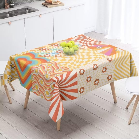 60 70''s Retro Floral Tablecloth Hippie Boho Daisy Birthday Party Decoration Plastic Table Cloth Washble Table Cover for Dinning Kitchen Farmhouse Party Decoration 60x102