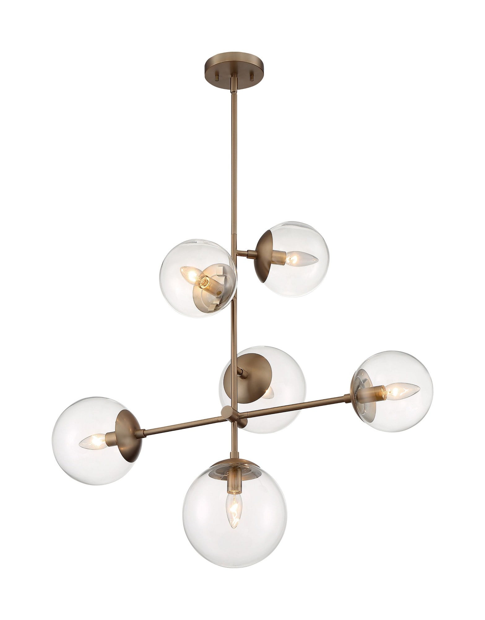 Sky Modern Asymmetrical 6-Light Pendant in Burnished Brass with Glass Orbs