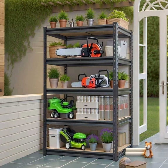 60/72-Inch Heavy-Duty 5-Tier Metal Garage Shelving, Adjustable Industrial Storage Rack, Easy Assembly, for Industrial, Garden, Warehouse, Basement, Storage Room, Indoor & Outdoor Use