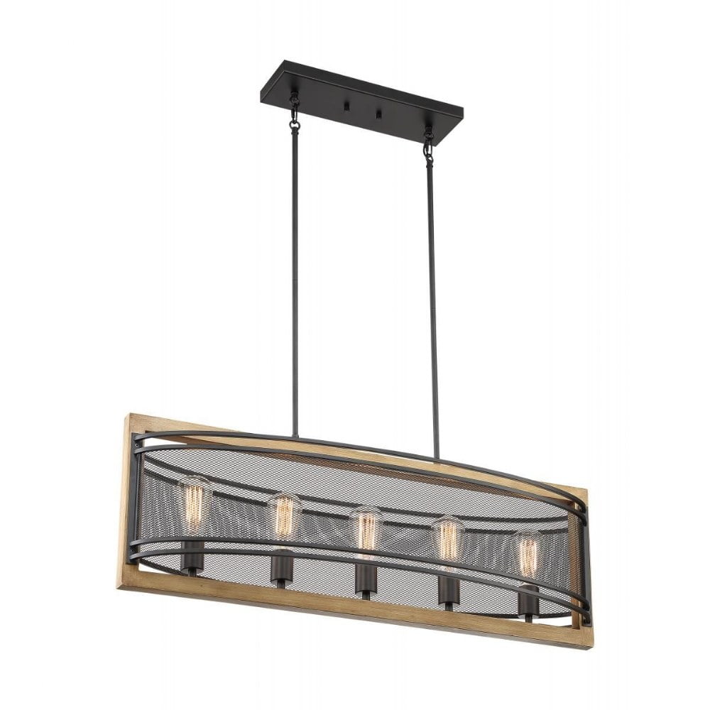Atelier Vintage Black and Honey Wood 5-Light Island Pendant