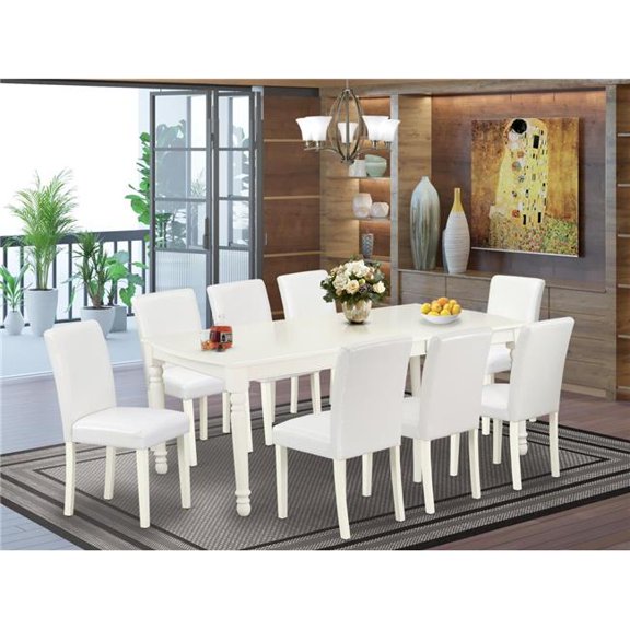 60-78 in. Dover Rectangle Dining Table with 18 in. Leaf & 8 Parson Chair with Linen White Leg & Pu Leather - White, 9 Piece