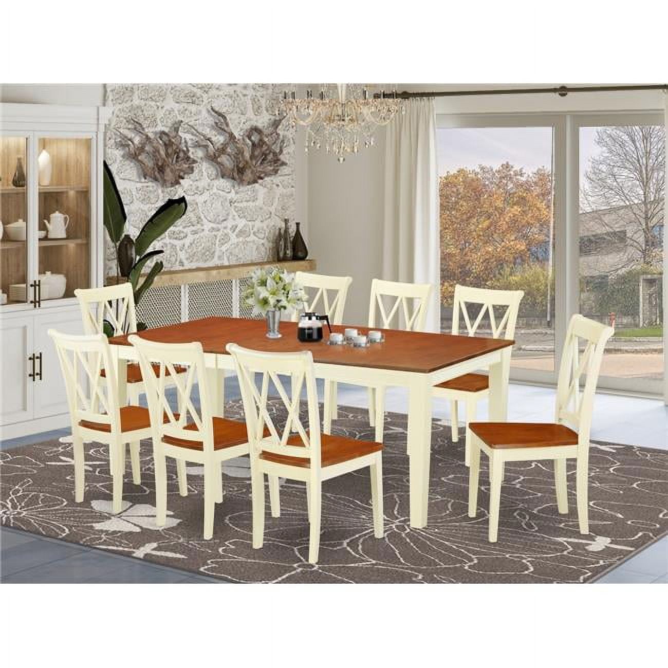 Quincy 9-Piece Extendable Dining Set in Buttermilk & Cherry with Asian Hardwood